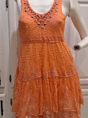 Style - Embroidered Orange Sleeveless Mesh Lace Boho Dress w/Beaded Neckline